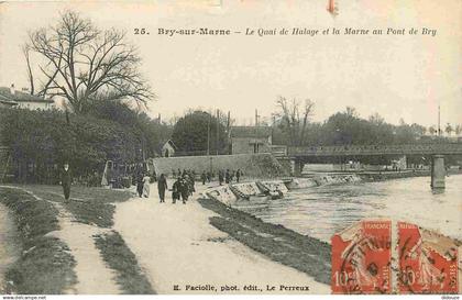 94 - Bry sur Marne - Le Quai de Halage et la Marne au Pont de Bry - Animée - CPA - Oblitération de 1922 - Voir Scans Rec