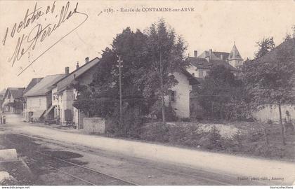 CPA 74 @ CONTAMINE SUR ARVE -  Entrée  - ligne de train ou tram au fond à gauche le café restaurant Decroux