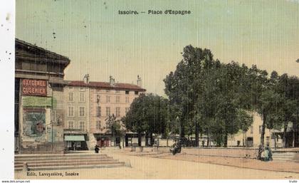 ISSOIRE PLACE D'ESPAGNE ( CARTE TOILEE ET COLORISEE )