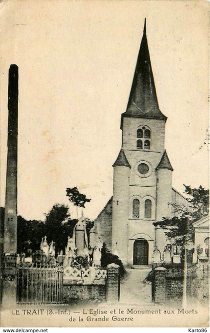 le trait * vue sur l'église et le monument aux morts de la grande guerre