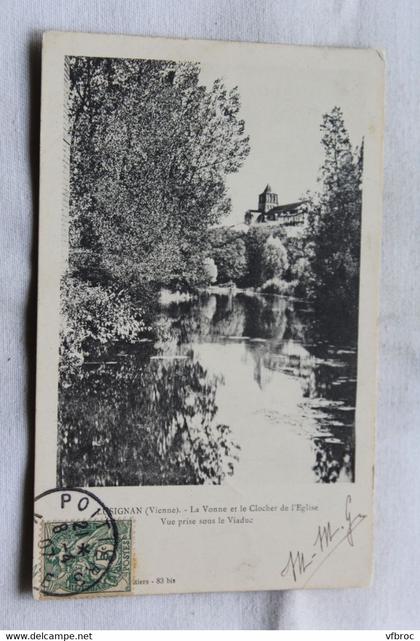 Cpa 1907, Lusignan, la Vonne et le clocher de l'église, vue prise sous le viaduc, Vienne 86