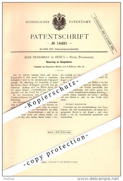 Original Patent - Jean Pichonnat à Mehun-sur-Yevre , 1881 , Siphon pour alcooliques !!