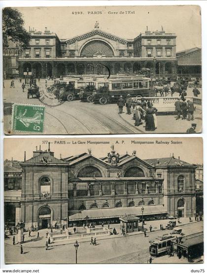 GARES * LOT 2 CPA * PARIS  Gare de l'Est (animée beau plan autobus ) & La Gare Montparnasse ( kiosque tramway )