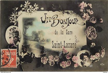 - paris -ref-C16-  un bonjour de la gare saint lazare - gares - souvenir de ... - carte colorisee bon etat -