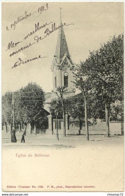 (92) 093, Bellevue, Trianon 1158, Eglise de Bellevue, dos non divisé,  voyagée en 1903, TB