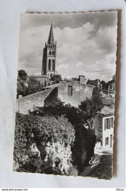 Cpsm, Saint Emilion, vieille rue et clocher de l'église, Gironde 33