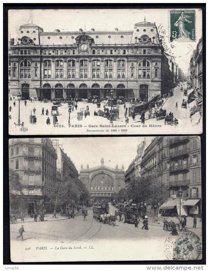 LOT 2 CPA ANCIENNES- PARIS (75)- LES GARES DU NORD ET SAINT LAZARE- TRES BELLE ANIMATION-TRAMWAY ET OMNIBUS HIPPOMOBILES