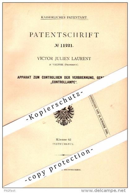 Original Patent - Victor Julien Laurent à Valdoie , 1880 , Témoin de contrôle pour la combustion , Wedau !!!