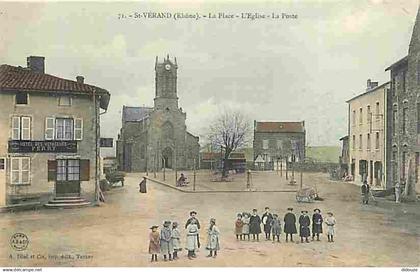 69 - Saint Vérand - La Place - L'Eglise - La Poste - Animée - Colorisée - CPA - Voir Scans Recto-Verso