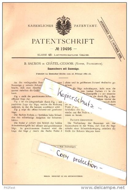 Original Patent - B. Sauron  à Chatel-Censoir , Yonne , 1882 , Élagage des arbres vit avec des ciseaux !!!