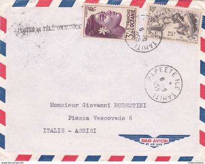 * TAHITI - Cover 1955 Papeete Ile Tahiti to Assisi Italy 25+3 F.