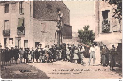 FR66 CABESTANY - brun 108 - colorisée - la place et la fontaine - animée - belle