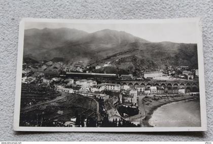 Cpsm, Cerbère, la plage et la gare vue de la route d'Espagne, Pyrénées orientales 66