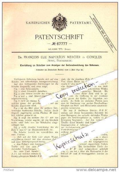 Original Patent - Dr. Francois Mercier à Conques-sur-Orbiel , 1892 , Cible pour le tir , Shooting Club !!!