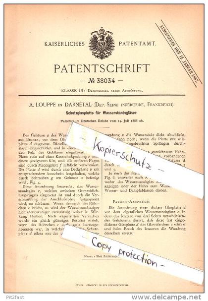 Original Patent - A. Louppe à Darnétal , Seine , 1886 , Verre de protection pour machine à vapeur !!!