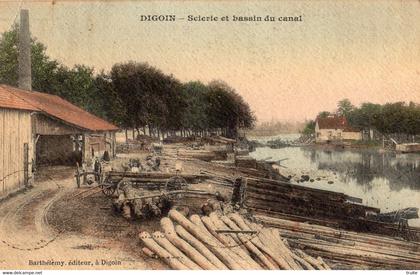 DIGOIN SCIERIE ET BASSIN DU CANAL  (CARTE COLORISEE ET TOILEE  )