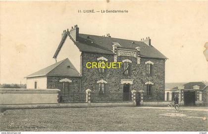 44 Ligné, la Gendarmerie, gendarme cycliste devant le bâtiment, belle carte pas courante