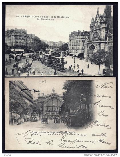 2 CPA PRECURSEUR- PARIS (75)- GARES DU NORD ET DE L'EST EN 1900- BOULEVARDS DENAIN ET STRASBOURG- TRES BELLE ANIMATION-