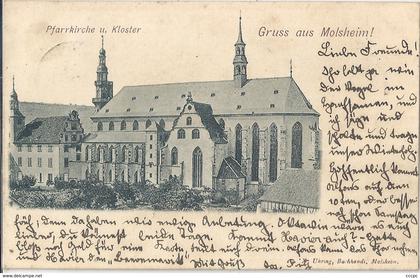 CPA Gruss aus Molsheim Alsace Allemande Pfarrkirche u. Kloster