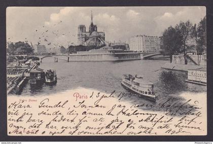 FRANCE, Postcard, Paris, Notre-Dame de Paris, Church, Boats