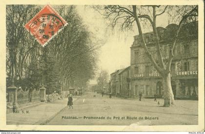 CP CPA Hérault Pézénas Pézenas Promenade du pré et route de Béziers Edit S.M Grand Hôtel du Commerce