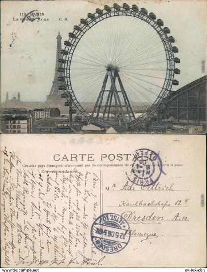 Ansichtskarte Paris Riesenrad, Halle dahinter der Eiffelturm 1906