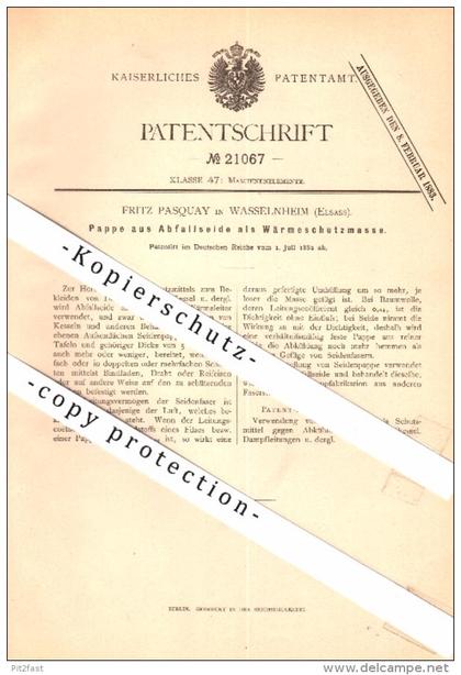 Original Patentschrift - J. Robinet à Wasselonne i. Els. ,1900 , Isolation thermique en soie , Wasselnheim !!!