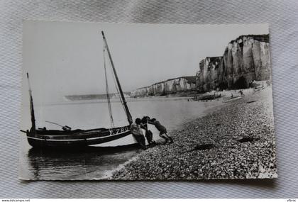 Cpsm, Yport, mise à l'eau d'un bateau de pêche, Seine Maritime 76