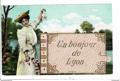 CPA-Carte Postale-France-Un bonjour de Lyon avec un petit livret collé contenant 4 vues de Lyon  VM19656