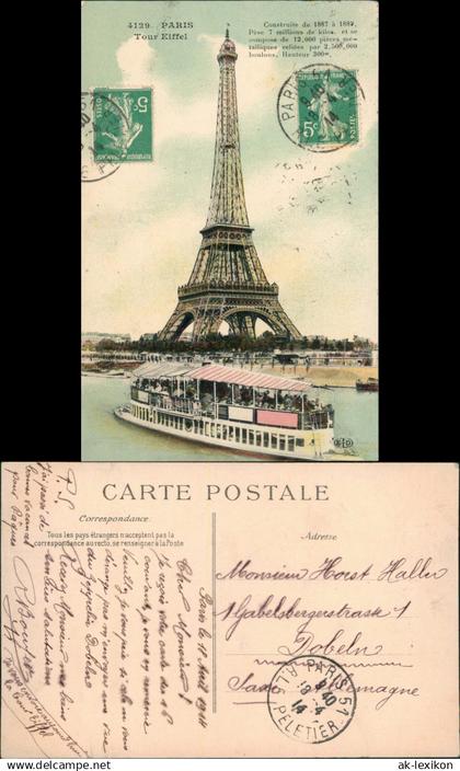 CPA Paris Eiffelturm Tour Eiffel - Ausflugsschiff 1914