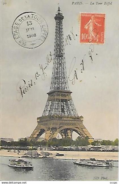 CPA Paris Tour Eiffel et Bateaux-Mouche 13 Juillet 1908