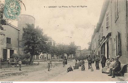 69 - RHÔNE - GRIGNY - la place, la tour et l'église - animation - superbe- 10241