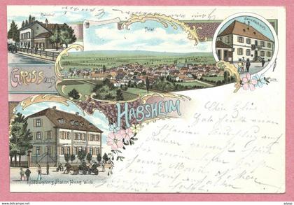 68 - GRUSS aus HABSHEIM - Litho couleur multivues - Restauration zum Station - Franz WICKI - Bahnhof - Gare - voir état