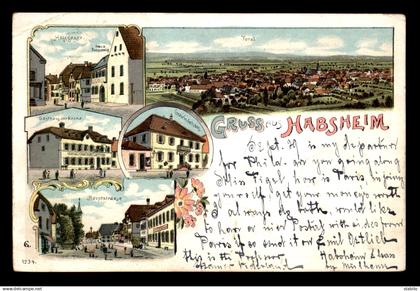 68 - HABSHEIM - CARTE LITHOGRAPHIQUE - HOLZSTRASSE HAUS BUNSCHWIG - GASTHAUS ZUR KRONE - HAUPTSRASSE - GEMEINDEHAUS