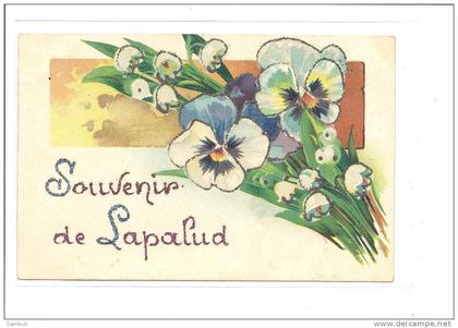 84 // LAPALUD  souvenir de lapalud . ecrit avec des paillettes, avec des pensées et du muguet  . carte precurseur .