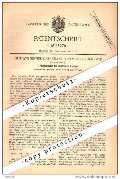 Original Patent - Gustave Cabanellas à Nanteuil-le-Haudouin , 1886 , Transformateur pour l'énergie électrique !!!