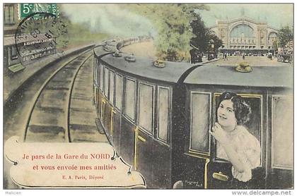 - depts divers - ref- EE550- paris - gare du nord - carte souvenir train - je pars de la gare du nord - photo medaillon