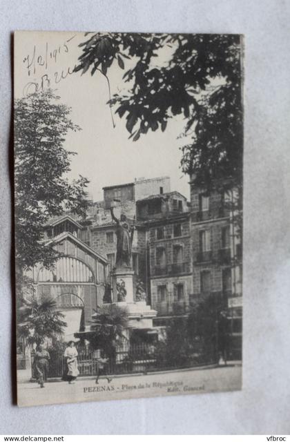 L758, Cpa 1915, Pezenas, place de la République, Hérault 34