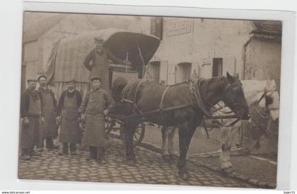 carte photo Villeneuve sur Yonne " gros plan attelage chariot pub ménier "