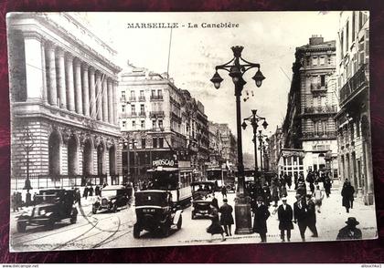 1932 Marseille Canebière, centre ville Attelages ,Voitures Taxis-Tramway-pub Phoscao  B-d-R Carte Postale-CPA