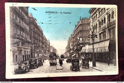 1940 Marseille Canebière, centre ville Attelages ,Voitures Taxis-Tramway-Nouvelles guepes Paris B-d-R Carte Postale-CPA