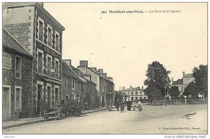 - ille et vilaine -ref B766  - montfort sur meu - la gare et le square - hotel joly -  gares - carte bon etat -