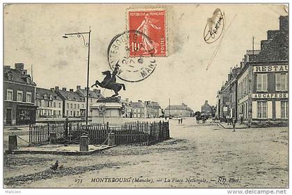 - ref- L218 - manche - montebourg - place nationale - statue equestre - statues - cafe restaurant - cafes restaurants -