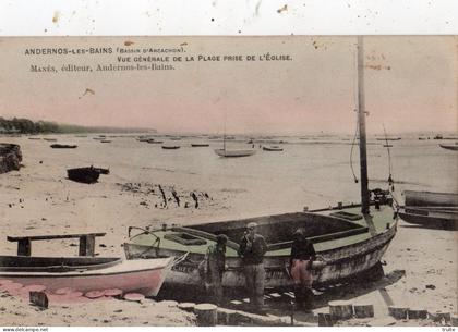 ANDERNOS-LES-BAINS ( BASSIN D'ARCACHON ) VUE GENERALE DE LA PLAGE PRISE DE L'EGLISE ( CARTE COLORISEE )