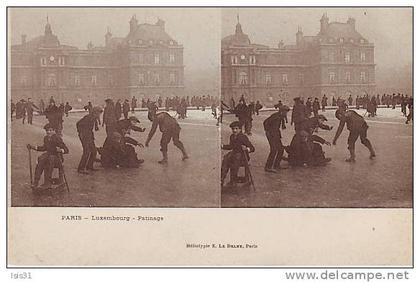 Dép 75 - Paris - Sports d'hiver - Cartes stérèoscopiques - Arrondissement: 06 - Luxembourg - Patinage - bon état