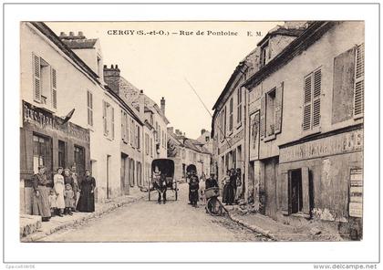 CPA (95). CERGY : Rue de Pontoise (avec Voiture à Cheval, Tabac et animatio