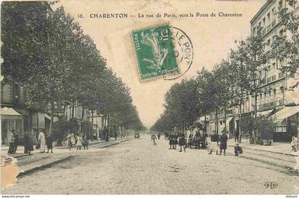 94 - Charenton le Pont - La rue de Paris vers la Poste de Charenton - Animée - CPA - Oblitération de 1911 - Etat se déco