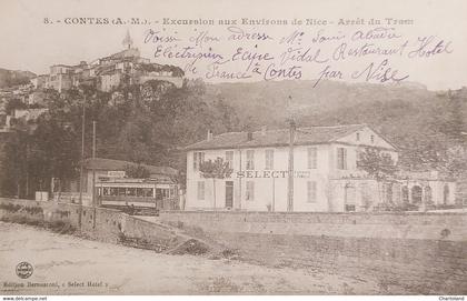 Cartolina - Contes - Excursion aux Environs de Nice - Arret du Tram - 1930 ca.