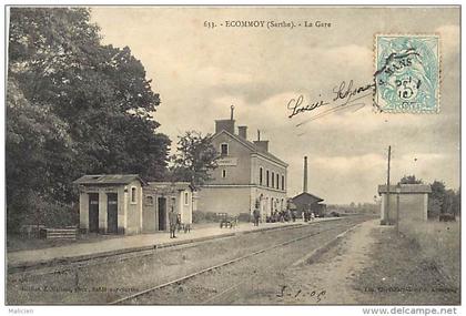 - sarthe - ref-537- ecommoy - la gare - gares - lignes de chemins de fer - carte bon etat -