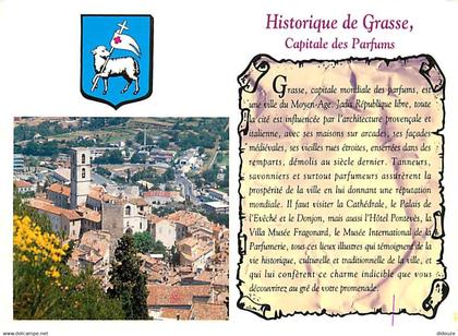 06 - Grasse - Vue Générale aérienne - Blasons - Historique de Grasse - CPM - Carte Neuve - Voir Scans Recto-Verso